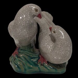 Mid-Century Modern Chinese Crackle Porcelain Doves on Green Ground Base